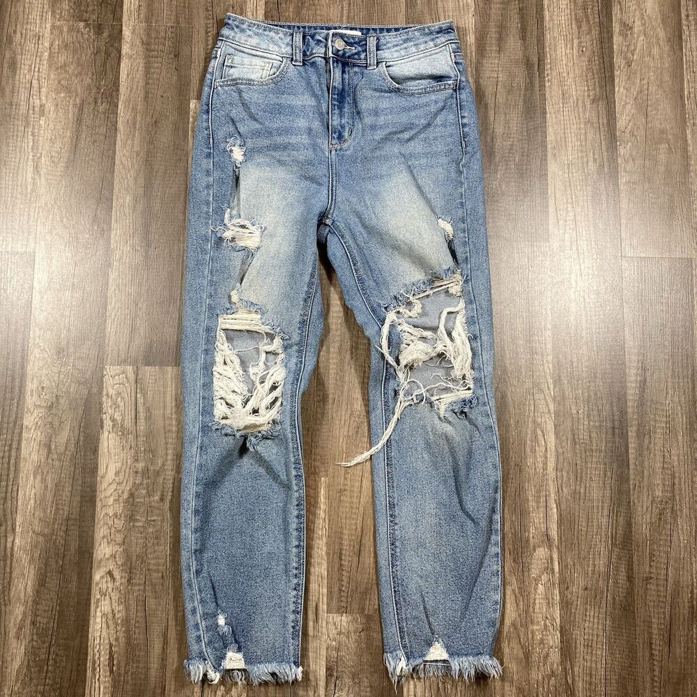 Cello Jeans Womens 3/26 Blue High Rise Straight Leg Thrashed Distressed Stretch
